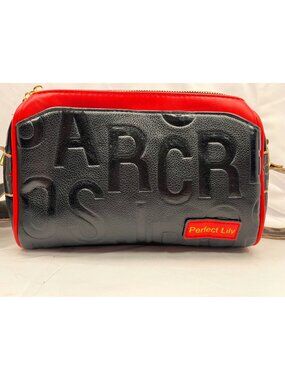 Perfect Lily Black Red Crossbody Bag Embossed Letter Logo Wide Strap Gold Tone